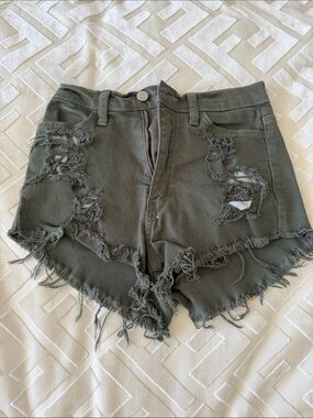 High-Rise Distressed Women's Shorts in Olive Green
